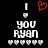 Pixelated black background with white text 'you RYAN' and a red heart symbol above the text, flanked by two vertical white bars and small checkered squares.