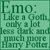 Pixelated green text on a light green background reads "Emo: Like a Goth only a lot less fuck and quick more Harry Potter" in a blocky, low-resolution style.