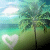 Pixelated beach scene with palm trees, turquoise water, and white clouds in a gradient sky.