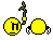 Yellow circular character with brown stick-figure limbs and a black 'h' on its chest, animated through multiple poses including standing, sitting, and bending.