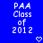 Blue background with white pixelated text reading "PAA Class of 2012" and two heart symbols below the text.