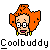 Pixel art icon of a cartoon character with orange hair, glasses, and yellow earrings above the text "Coolbuddy" on gray background.