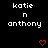 Black background displays repeated white text 'katie n anthony' with red pixel hearts appearing and disappearing in a pattern