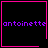 Four identical black squares with pink borders display "antoinette" in purple text, each containing a distinct small symbol at bottom-right corner.