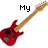 Red electric guitar with brown neck and black pickups, positioned diagonally on white background with text labels above and below.