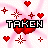A 4-frame animated contact sheet of a pixel art buddy icon featuring the word 'TAKEN' in alternating black-and-white and red text over heart shapes, with star-like sparkles on a pink gradient background.
