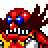 Pixelated character with red head, blue glasses, wide mouth showing teeth, dark brown hair, and yellow accents on clothing against gray background.