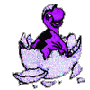 Purple cartoon dinosaur emerging from cracked eggshell with black patches on back, smiling expression, and visible egg fragments.