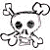 Animated pixel art of a white skull with black eyes and mouth, holding crossed bones, featuring pink accents on its ears and arms that change position across frames.