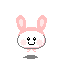 Pixelated bunny head with pink ears, white face, black smiley eyes and mouth, pink cheeks, small bow tie, gray shadow on light gray background.