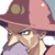 Pixelated anime-style character face with a large pink and maroon helmet, visible eye, nose, mouth, and partial shoulder in close-up view.