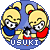 A contact sheet of 10 animated frames showing a cartoon character with blonde pigtails, blue top, and red bottom holding a small black-and-white figure against a blue background with "USUKI" text at the bottom.