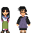 Pixel art of two anime-style characters in a , with one character displaying text and animation changes across frames