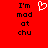 Red background with black pixelated text reading "I'm mad at chu" on both sides and a white heart symbol in the center.