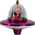 A 4-frame animated contact sheet showing a cartoon alien in a purple flying saucer with a transparent dome, each frame displaying slightly different colored props inside the saucer.