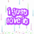 Purple pixelated text phrases on a white background with faint vertical color bars, arranged in two
