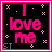 Pixelated pink text "I love me" on black background with white and pink star-like dots, framed by bright pink border in a 2x2 contact sheet layout showing three animated frames.