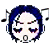 Pixelated character with blue hair and closed eyes, surrounded by musical notes in a static
