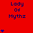 Red background with blue text "Lady Of Mythz" and scattered blue heart symbols in a pattern