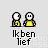 Pixel art of two yellow-shirted figures with white heads in various poses, including standing, hugging, and one figure bowing, with text "Ikben lief" below.
