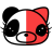 Pixelated cartoon cat head split into black and red halves with large eyes, whiskers, and a small nose on white background.