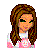 Pixelated icon of a person with long brown hair, green eyes, and pink clothing against white background.