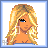Pixel art contact sheet showing a 5-frame animation of a female character with blonde hair, blue top, orange shorts, and white sneakers across multiple frames including full-body and text-only views.