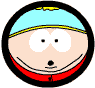 Two circular cartoon faces with light blue hats, yellow trim, red collars; left face has gray eyes and open mouth, right face has closed eyes and smiling mouth.