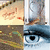 Animated sequence showing a stylized eye with blue iris and black pupil, alternating between open and closed states against a beige background with red markings.