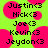 Pixelated text names on a bright green background with pink circular shapes, each name followed by a black '<3' symbol.