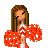 Pixel art cheerleader icon with red pom-poms, white skirt, and brown hair in three sequential poses showing movement.