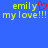 Blue background with yellow text 'emily my love!!!' and a red pixelated heart symbol replacing the 'y' in 'emily' on the left side.