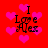 Red background with pink hearts and black text reading 'I Love Alex' in four identical quadrants.