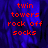Red pixelated text 'twin towers rock off socks' on a blue gradient background with vertical motion blur, transitioning to a solid gray