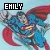 Superman in blue and red costume with yellow belt flies left to right across light blue background, name 'EMILY' above.