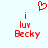 Red pixelated text and symbols on light blue background: 'i luv Becky' with heart symbol above, two versions of the same design side-by-side.