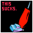 Red vacuum cleaner with blue base and purple accents on black background, text 'THIS SUCKS.' in red pixelated font at top left.