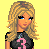 Pixel art buddy icon featuring a female character with blonde hair and blue eyes, wearing a black crop top and pink pants against a yellow background with text "Crazy in Luv".