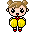 Pixel art cheerleader character with brown pigtails, red shoes, white top, and red skirt holding yellow pom-poms in various poses.