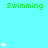 Green 'Swimming' text appears multiple times on a cyan background with white star-like symbols scattered around, some forming vertical stacks.