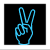 A hand making a peace sign with two fingers extended, rendered in neon outline style against black background.