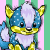 Animated contact sheet showing two frames of a pixelated blue and yellow cartoon fox-like creature with white fur patches against alternating green and pink striped backgrounds.