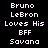 Static pixel art displays repeated text in white on black background with gray corner, showing 'Bruno LeBron Loves His BFF Savana' three times