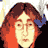 Pixelated static image of a person with long brown hair and red clothing against a white background, featuring visible dithering and color blending artifacts.