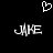 Pixelated white text 'JAKE' on black background with a heart symbol above, showing two distinct states of the letter J.