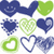Nine pixelated heart-shaped icons arranged in a 3x3 grid, featuring blue and green color schemes with solid, outline, and patterned styles.