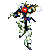 Pixelated mecha figure with red chest emblem, white and blue armor, green accents, and dynamic pose against gray background.