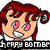 Pixelated cartoon character with red hair in pigtails, pink eyes, and a white shirt displaying text below the head.