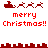 Red pixel art displays Santa's sleigh with reindeer and "merry Christmas!!" text, alternating between two distinct cityscape backgrounds.