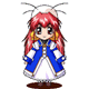 Pixelated character with red hair and blue-and-white dress in multiple poses against gray background.